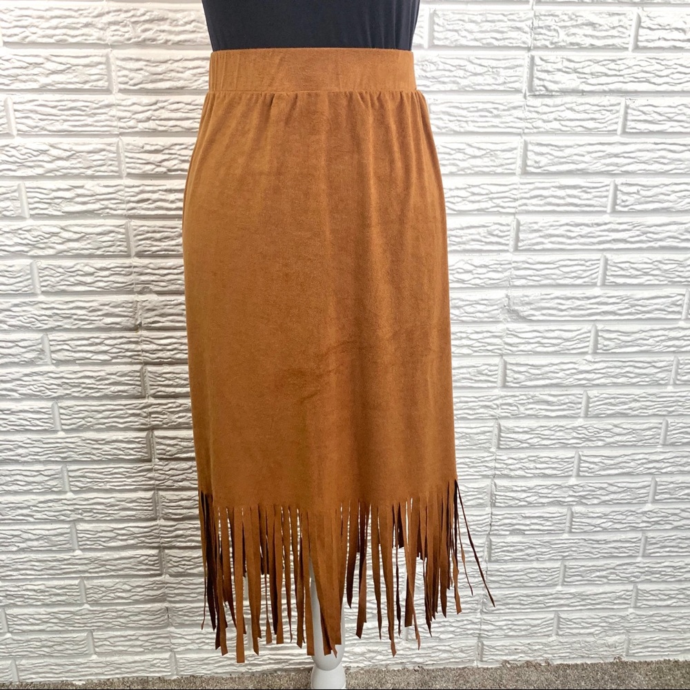 French Laundry Brown Tan Boho Midi Skirt Fringe - Picture 2 of 8